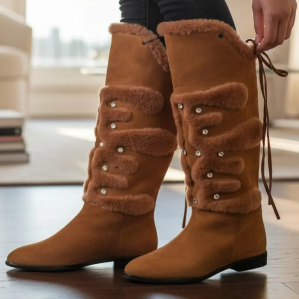 Russell & Bromley Rust Brown Leather Shearling Stud Accent Tall Boot, Size 36.5